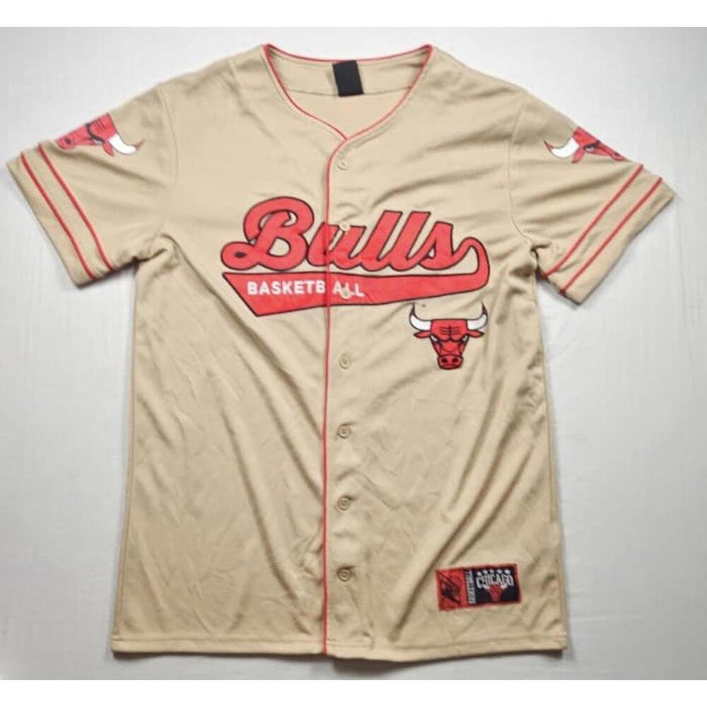 Chicago Bulls Ultra Game Men's Button-up Jersey Tan And Red Size Medium EUC